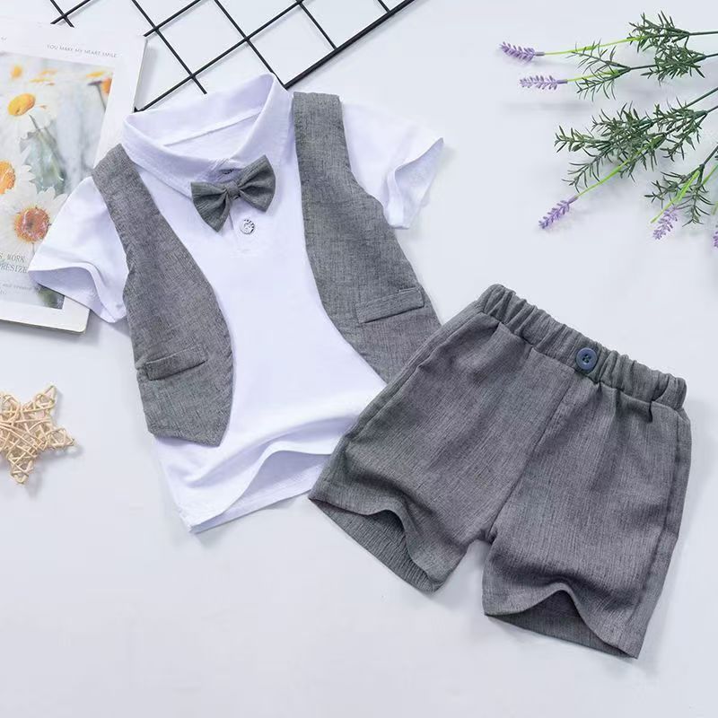 Kids' summer cotton linen short-sleeve set: boys' cartoon deer print shirt two-piece korean style casual wholesale