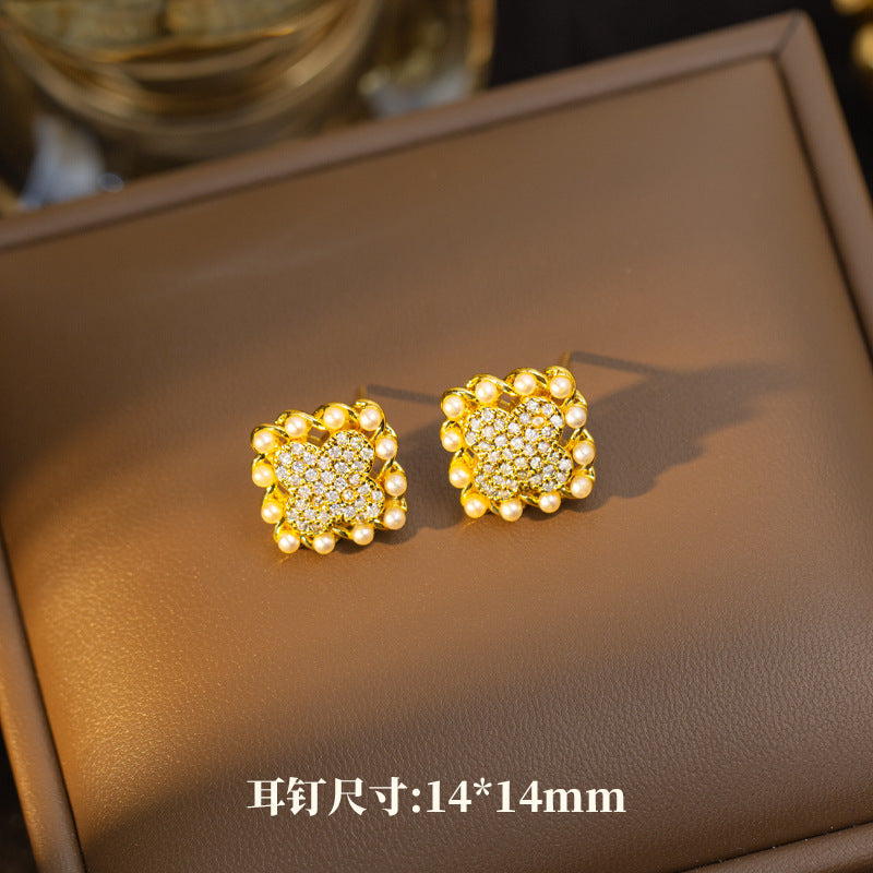 【titanium steel】european and american light luxury full diamond four-leaf clover pearl necklace and earring stud set - personalized jewelry set