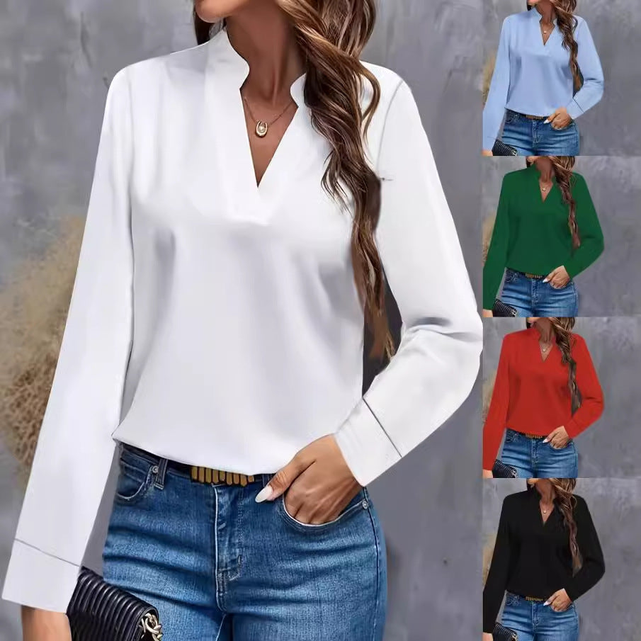 2024 independent station wish amazon hot style autumn casualpure color v neck loose shirt tops women