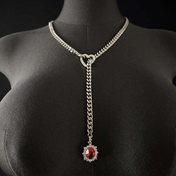 ins style niche design retro gold necklace heart ruby pendant stacked cuban chain necklace