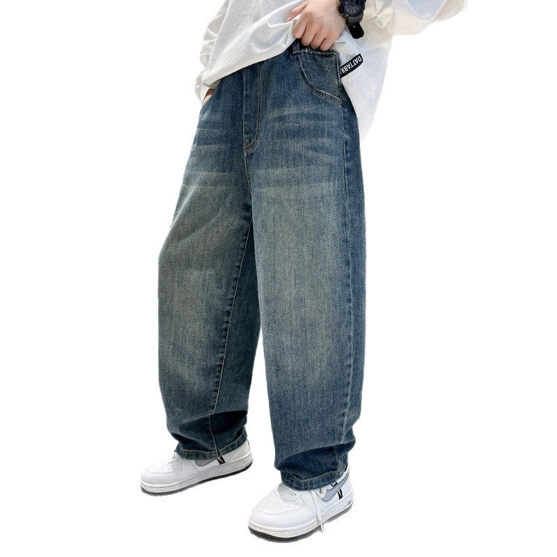 Boys' spring denim pants:  new korean style kids' jeans, spring/autumn fleece-lined, mid-to-large size children's trendy trousers