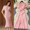 Export french tweed styleclassyfashionable buttoned silm short-sleeved knittingdress women's summer waist elegant