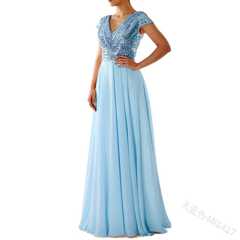 summer new arrival: women's foreign trade dress -  &  new v-neck sequin chiffon patchwork evening gown maxi dress