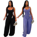 C7779 cross-border  new women's solid color u-neck high-waisted slim-fit wide-leg jumpsuit - sexy & spicy casual romper