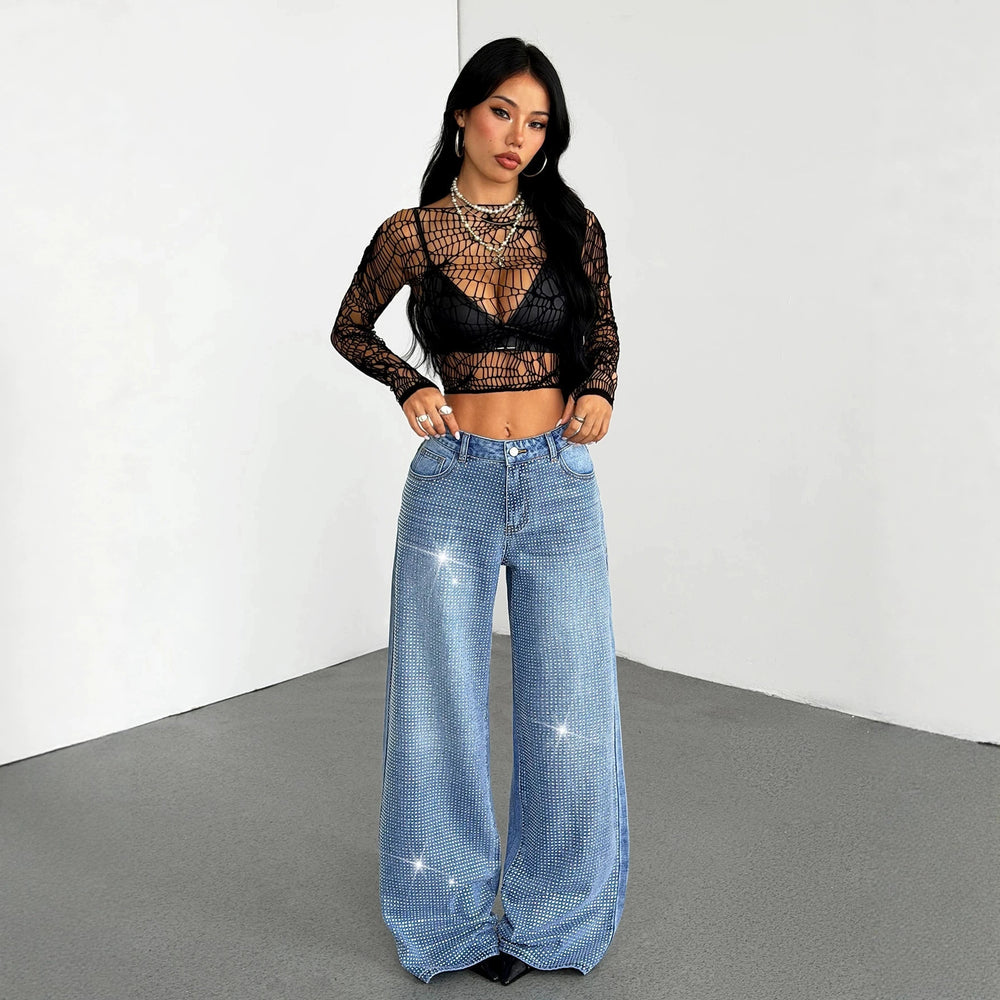 Fashionjeans women's high waist full diamond hot diamond wide leg pants cross-border washed shiny loosestraight-leg denim women's pants