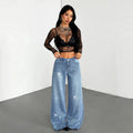 Fashionjeans women's high waist full diamond hot diamond wide leg pants cross-border washed shiny loosestraight-leg denim women's pants