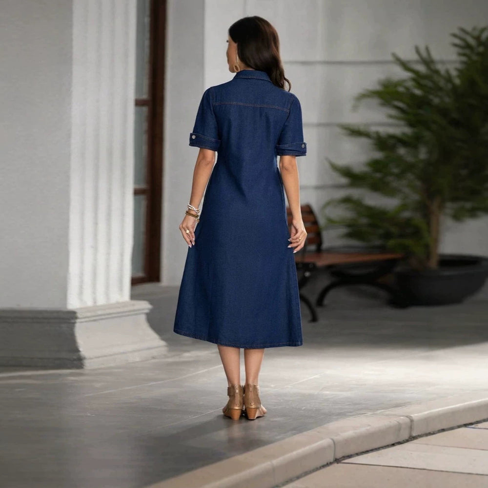 summer lapel shirt denim dresselegant hair quality elegancecasualslimming look a-line skirt mid-length skirt