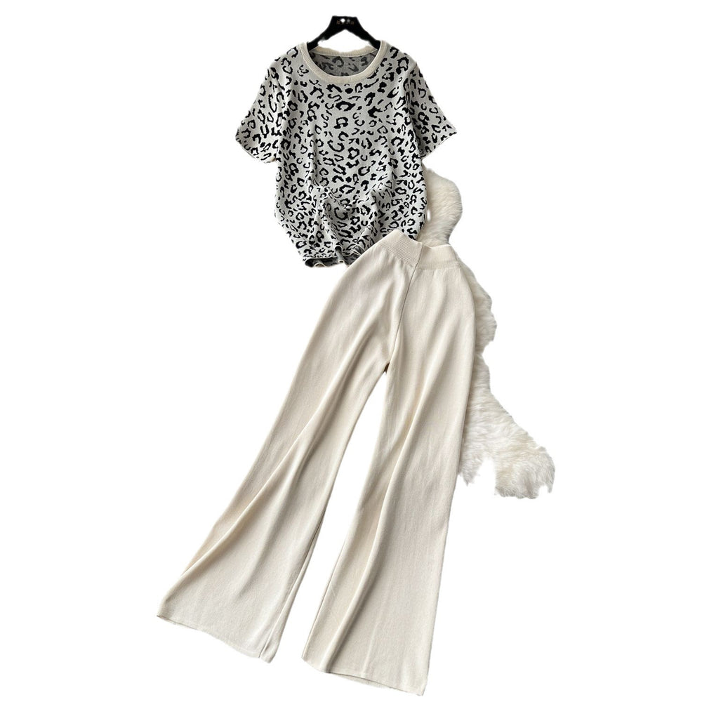 European and american hot girl style leopard print crew neck short sleeve t-shirt + high waist slimming solid color wide leg trousers two-piece set