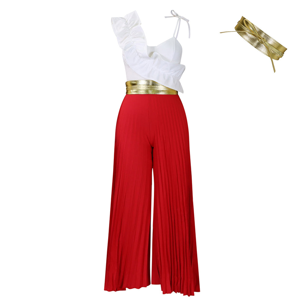 C8605 european and american style  foreign trade sexy ruffle sleeveless top wide leg pants fashion set