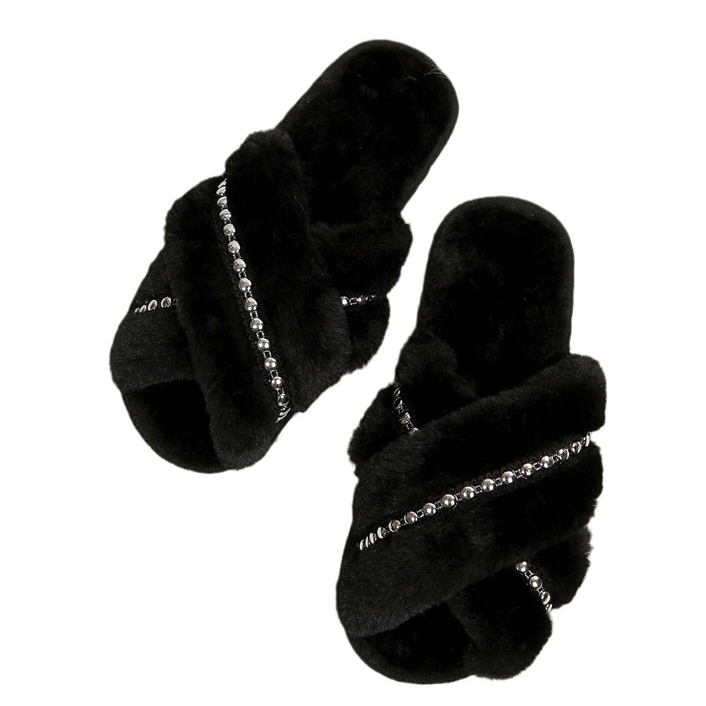 Plus sizenew arrival cross-top fur slippers for women home indoor and outdoor flats rhinestone flip-flops wooden floor cotton slippers