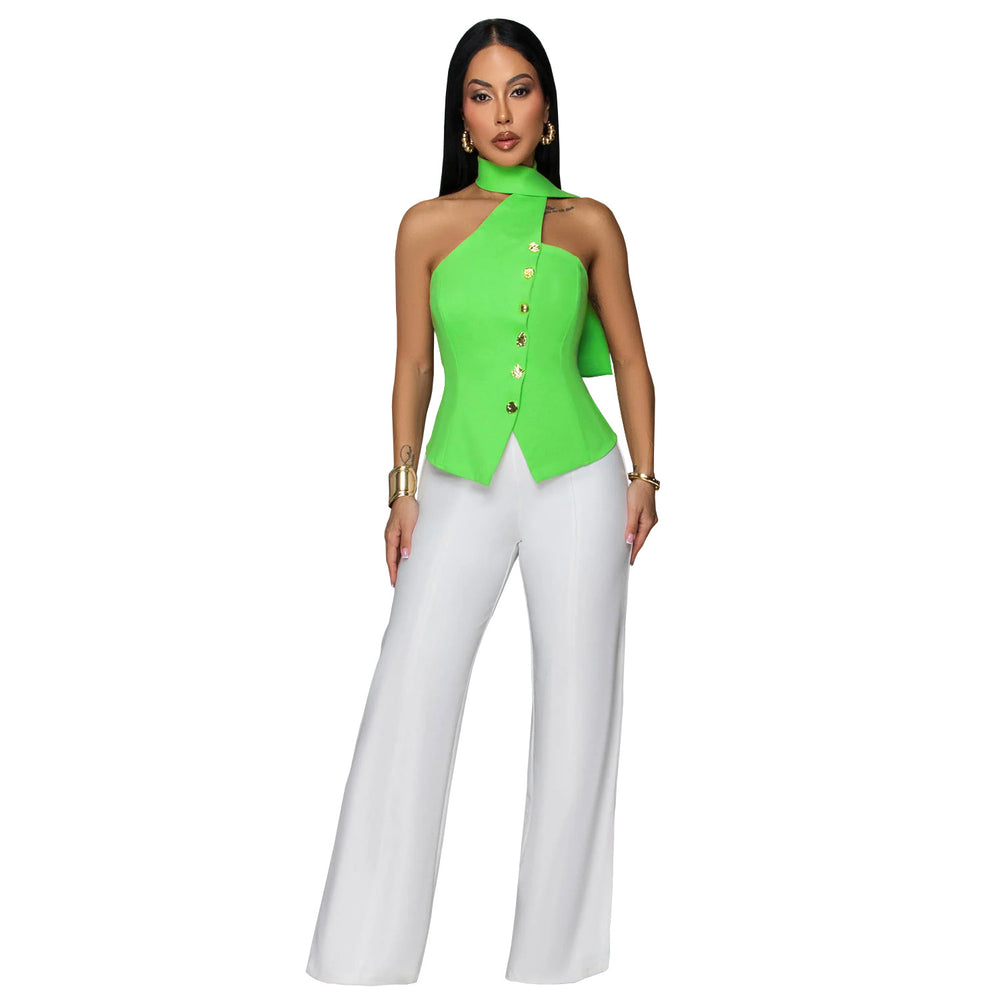 C7756 cross-border  new women's fashion european and american summer commute halter neck slim-fit top and wide-leg pants two-piece set