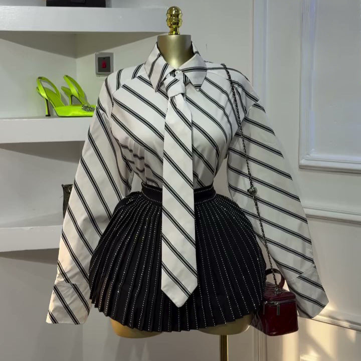 European and american cross-border women's fashion:  spring new arrival - stylish lapel tie-neck striped long-sleeve shirt top