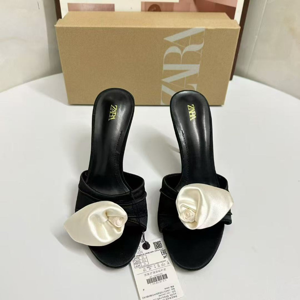Za french floral fashionable elegant outdoor slippers for women, 2025 summer new collection, versatile stiletto heel, square toe, open toe, single strap