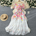 European and american sexy vacation style off-the-shoulder ruffle trim patchwork waist-tie elegant long maxi printed chiffon dress