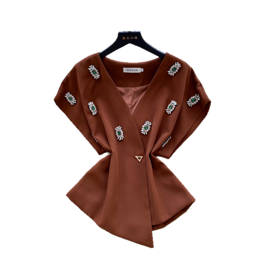 Sense of designasymmetrical heavy industry diamond-encrusted v neck short-sleeved shirt for women springniche style shawl outweartops trendy