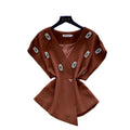 Sense of designasymmetrical heavy industry diamond-encrusted v neck short-sleeved shirt for women springniche style shawl outweartops trendy