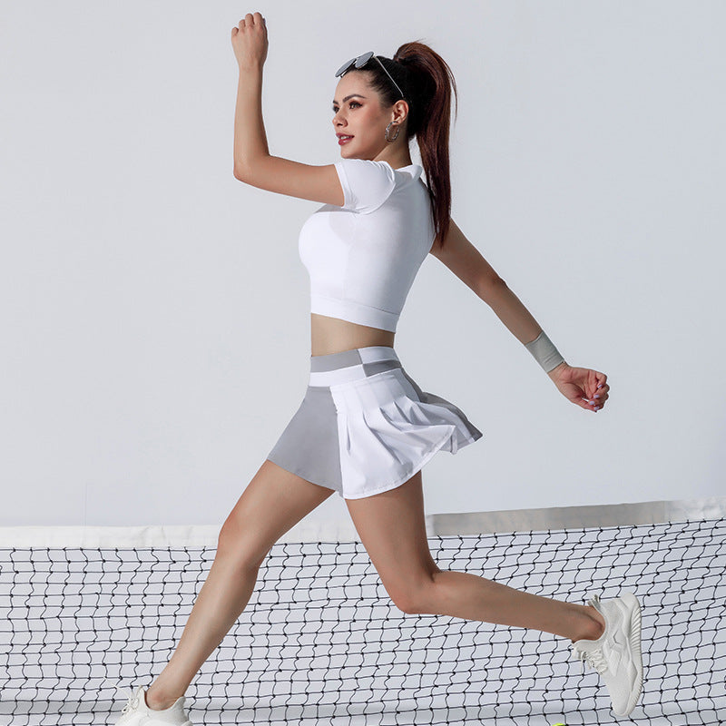 Color block breathable athletic tennis outfit set for women - oem shockproof high-elasticity top and tennis skirt two-piece set - custom yoga wear available
