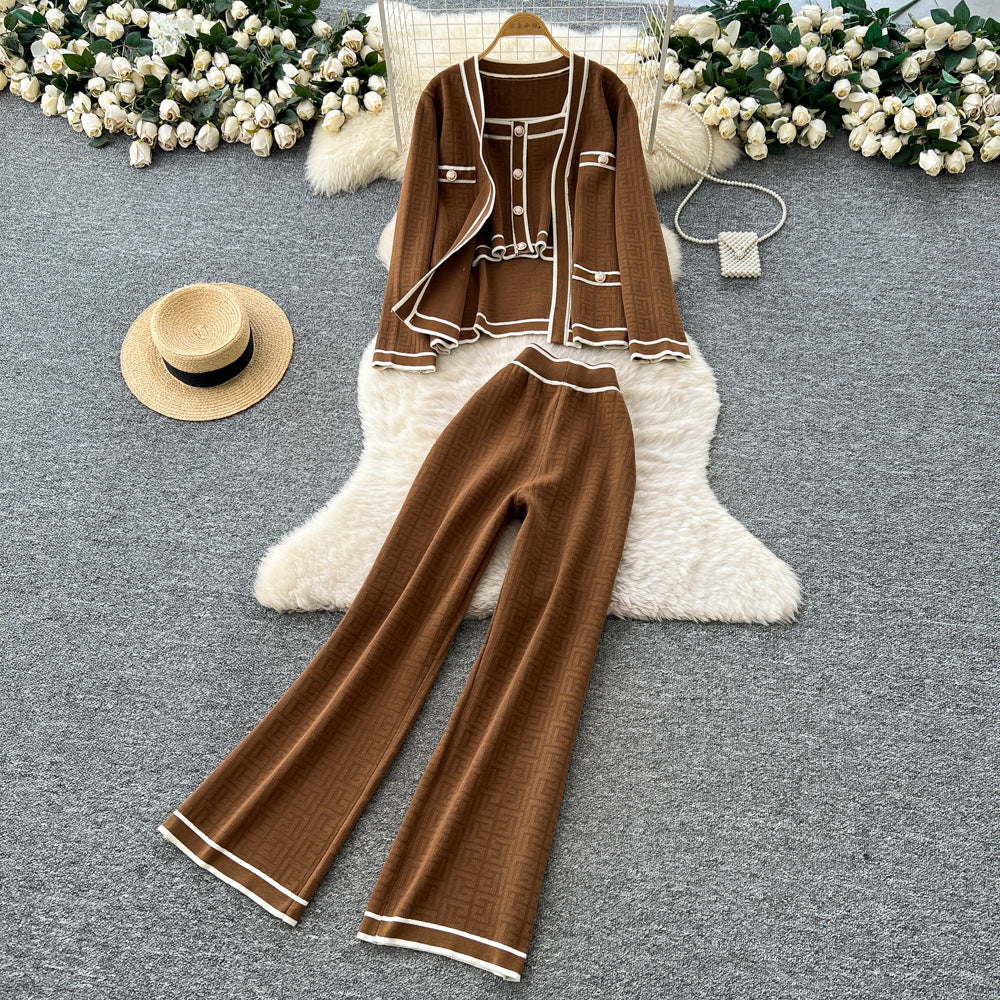 Xiaoxiangfeng fashionablesuit women's contrast color camisole knittingcardiganoutwearhigh waistloose pants three-piece set