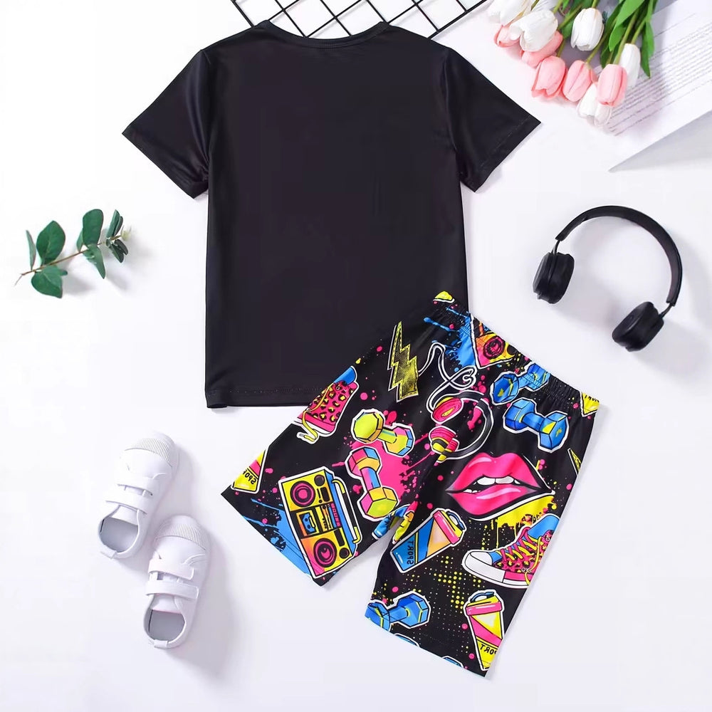 Girls' t-shirt and shorts set, featuring a trendy headphone graphic and letter print in a vibrant, european-inspired hip-hop style