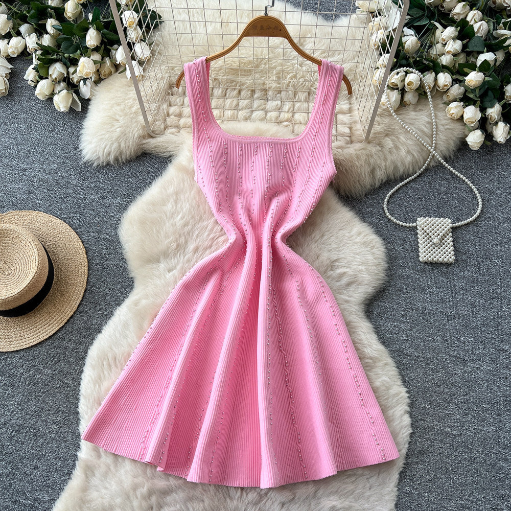 french chic sleeveless a-line knit mini dress - summer pearl embellished versatile dress