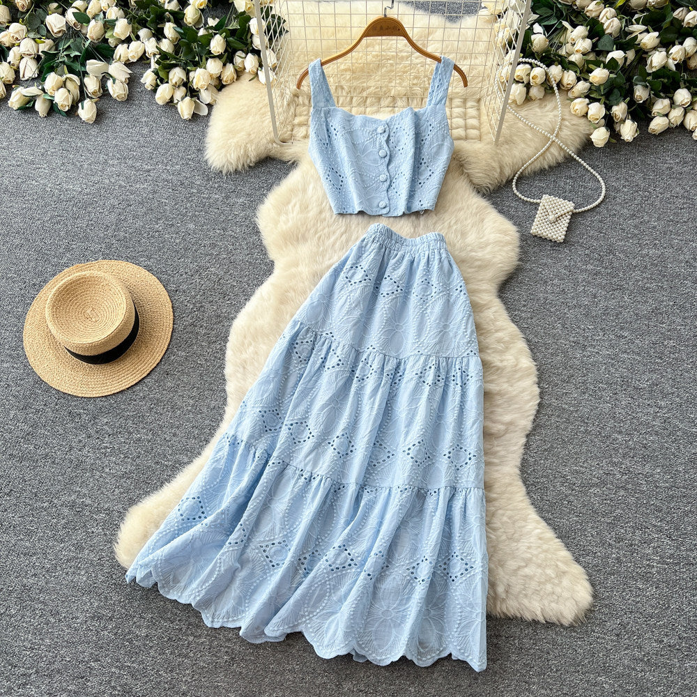 Super fairy holiday style cut outembroider camisole high waist skirt women's summer two-piece set silmelegantsuit