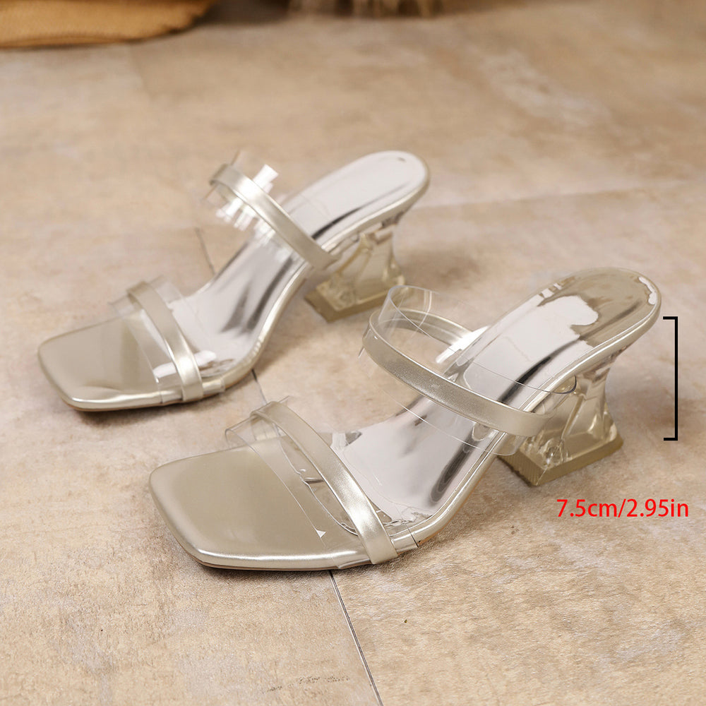 Export square toe transparent strap fashion high heels 2026 summer new arrivalplus size special-shaped heel elegant sandals and slippers for women 43