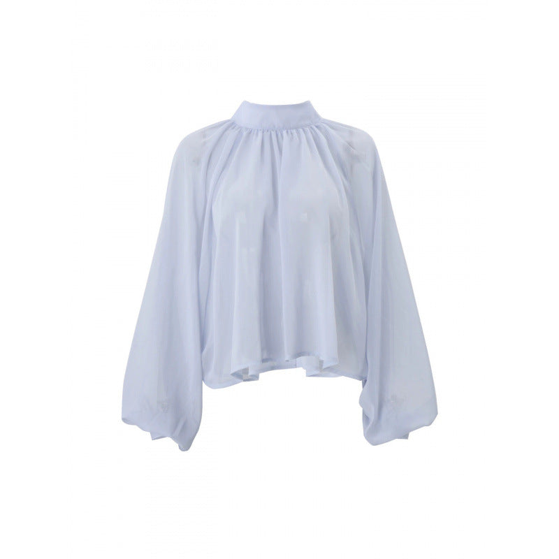 Amazon women's clothing  summer new round neck pullover loose see-through chiffon lantern sleeve long sleeves t-shirt tops