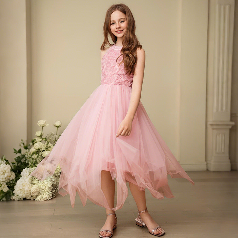 European and american style girls' formal dress - asymmetrical hem, spaghetti strap, openwork design - host/performance costume, children's princess dress