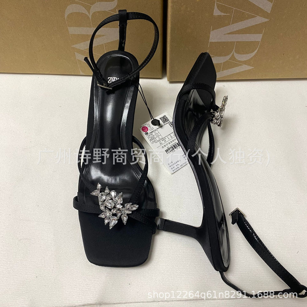 Zr2024 summer new women's shoes black rhinestone-embellished thong sandals with square toe and stiletto heel