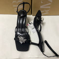 Zr2024 summer new women's shoes black rhinestone-embellished thong sandals with square toe and stiletto heel