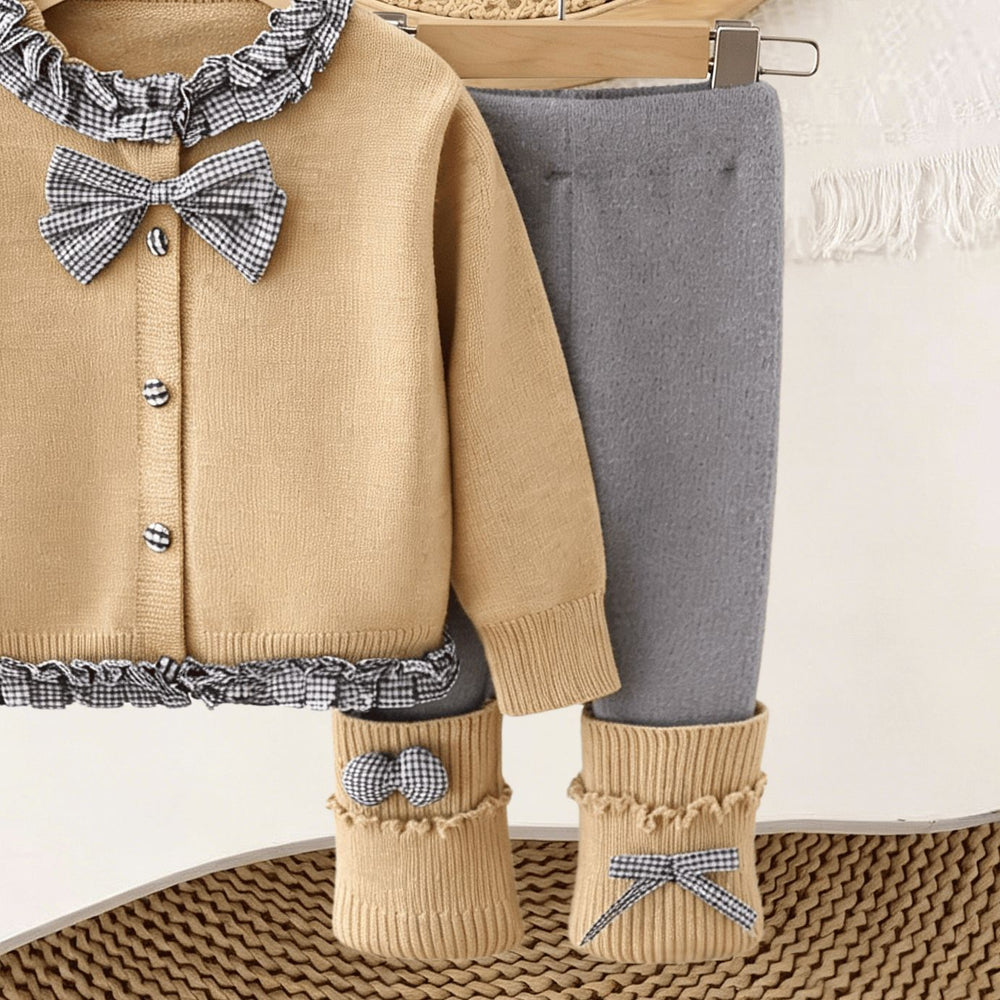 Girls' knitted cardigan and leggings set - new  spring/autumn collection - plaid bowknot cardigan sweater with scrunch socks