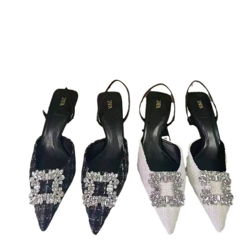 Za2024 new summer pointed-toe chanel-style canvas rhinestone square buckle embellished low-cut slingback sandals for women