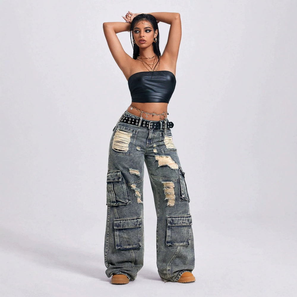Distressed ripped workwear jeans for women, high-waisted, multi-pocket design, loose straight-leg, wide-leg, floor-sweeping style,  new arrival