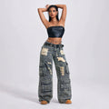 Distressed ripped workwear jeans for women, high-waisted, multi-pocket design, loose straight-leg, wide-leg, floor-sweeping style,  new arrival