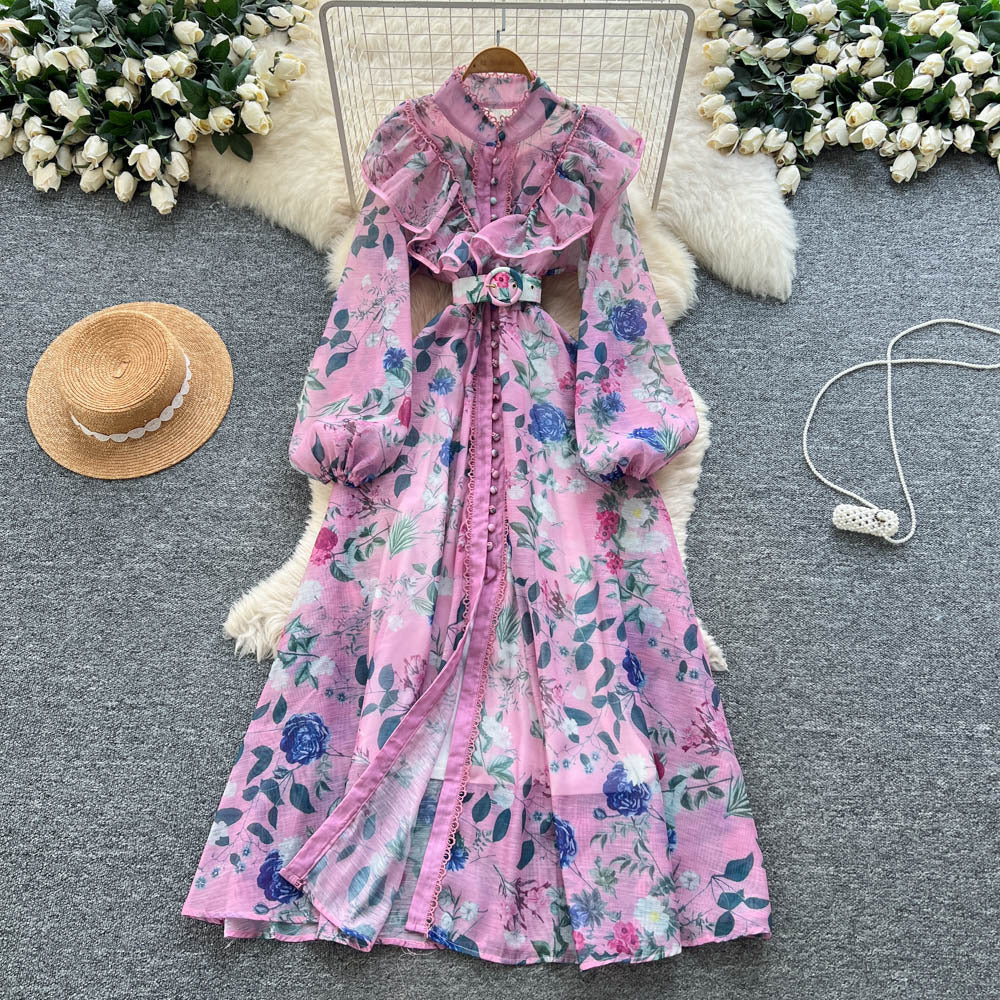 French chic elegant women's fall dress - high-end ruffle trim, tie-waist, printed maxi dress