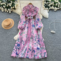French chic elegant women's fall dress - high-end ruffle trim, tie-waist, printed maxi dress