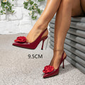 Women's wine red stiletto heel sandals - fashionable pointed toe party shoes with red rose detail