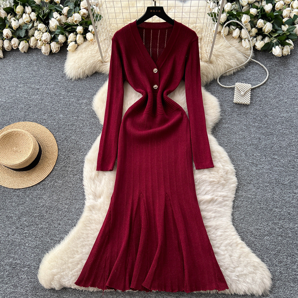 Celebrity niche styleclassy sense v neck two capsules button long sleeves waist knittingdress female autum inner wear sweater long skirt