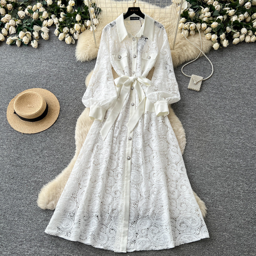 French romantic stand collar lantern sleeve lace dress - women's summer slimming a-line maxi dress - elegant & chic