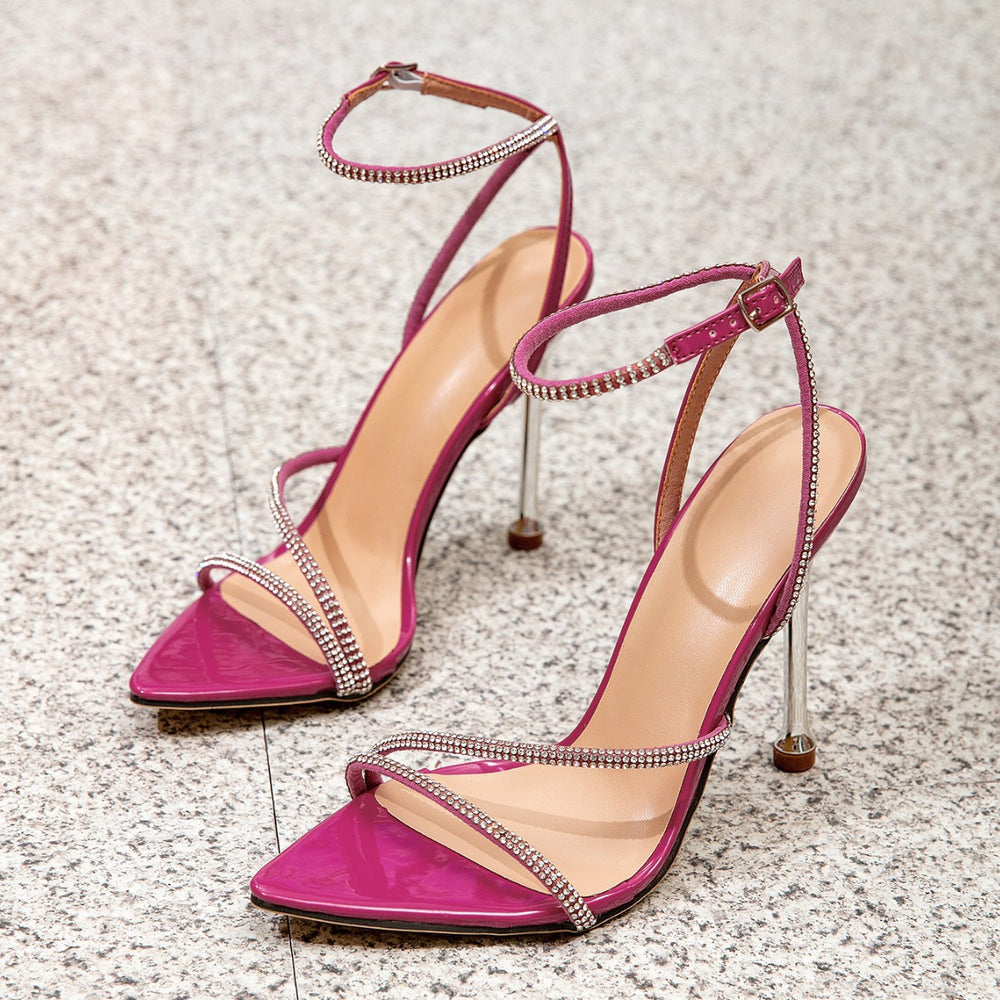 Rhinestone snake wrap around stiletto heel sandals - women's sexy european & american style open toe ring toe high heel sandals - pink