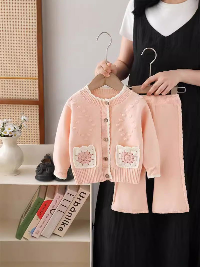 Girls' knit sweater jacket & pants set - new autumn/winter  collection with handmade floral accents