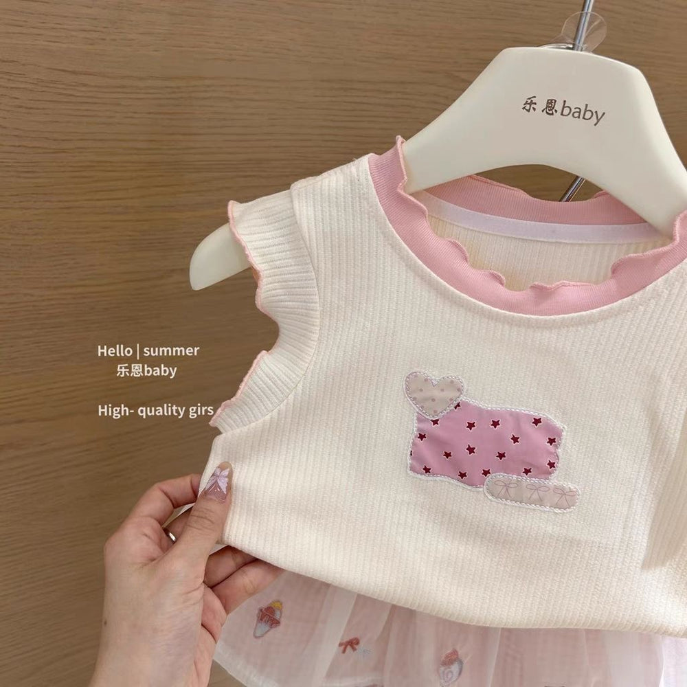 summer new girls' off-white tank top with pink gingham lace pants - trendy and cute lightweight set for babies