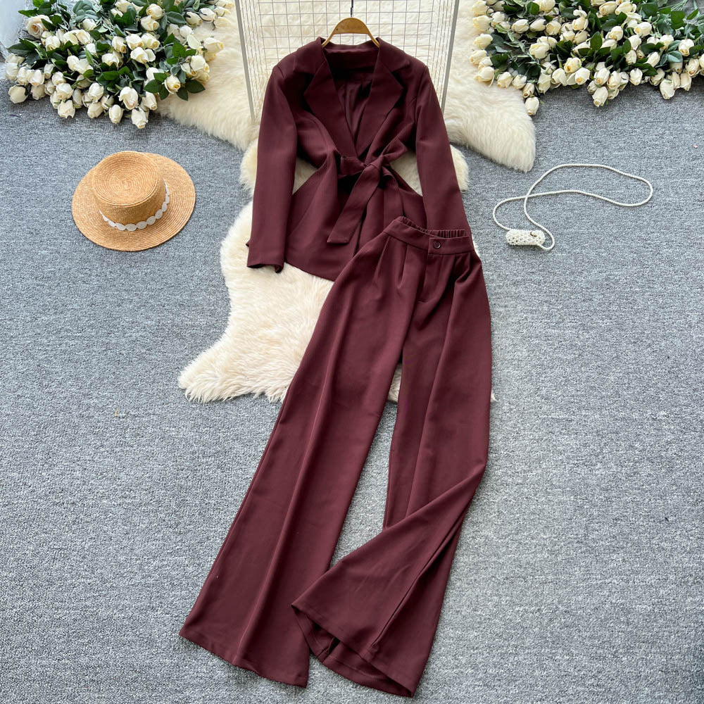 Work clothing professional young lady style suit women's autumtie back waist suit collar long sleevesoutwearhigh waistloose straight-leg pants