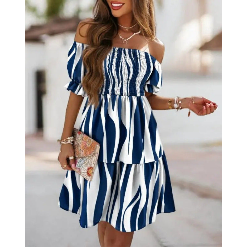 european and american independent station  new arrival short sleeve one-line collar waist pleated printingdress