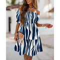 european and american independent station  new arrival short sleeve one-line collar waist pleated printingdress