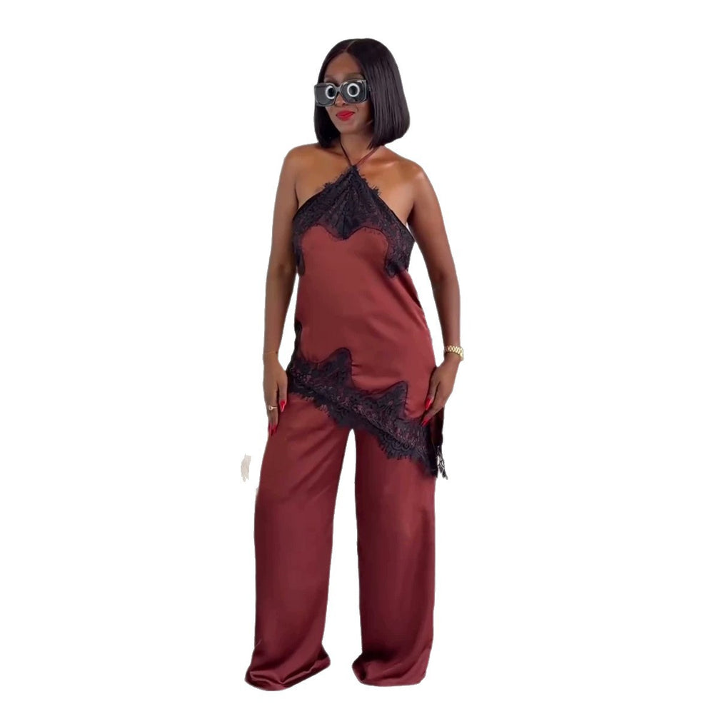 European and american cross-border women's fashion:  summer new arrivals - chic and stylish lace-trimmed open-back top with high-waisted pants set