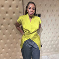 European and american cross-border women's fashion:  summer new arrival - elegant, designer-inspired, asymmetrical tie-waist short-sleeve shirt top