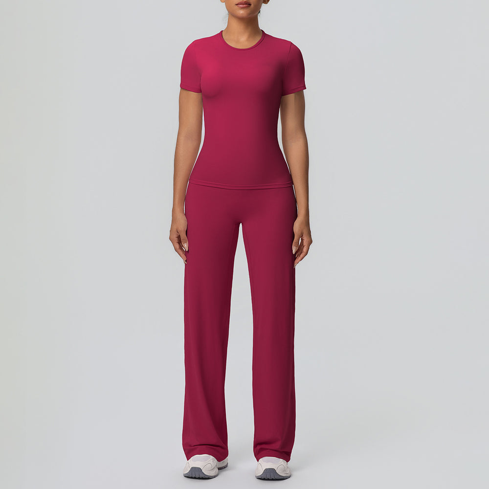 Cloud-feel outdoor casual sports short-sleeve yoga set - high-waisted, butt-lifting, straight-leg, wide-leg, quick-dry running & fitness outfit