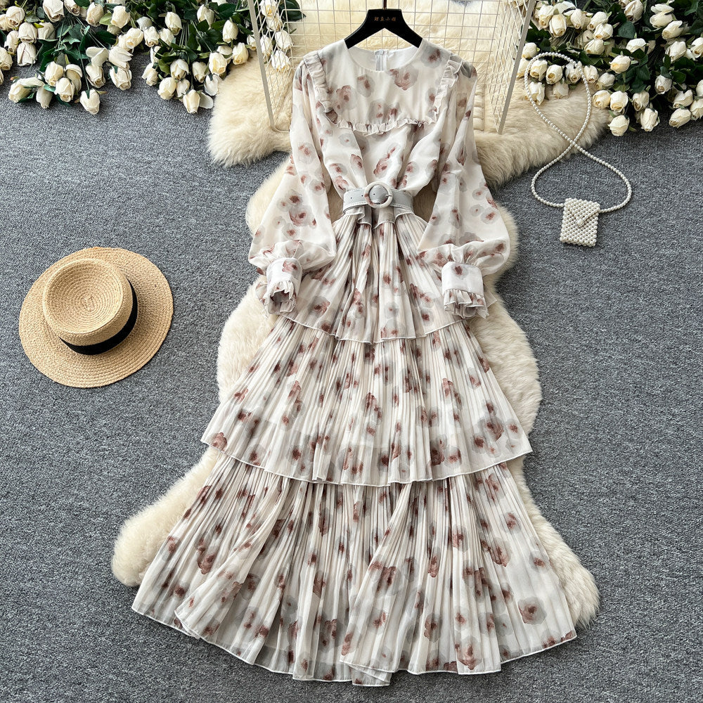 French romantic lantern sleeve printed dress - korean style, cinched waist, flowy maxi dress, high-end vacation vibe