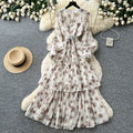 French romantic lantern sleeve printed dress - korean style, cinched waist, flowy maxi dress, high-end vacation vibe